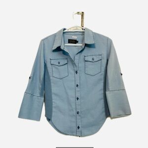 Cavalini Chambray  Denim Collection Button down Top with Side Stretch Panels .